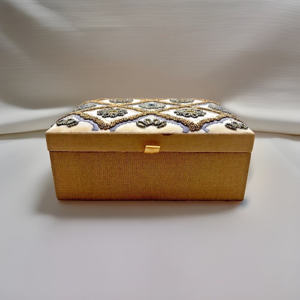 Jewelry Box Vintage Velvet Ribbon Inner Tray Mirror 8x6x3 Nice